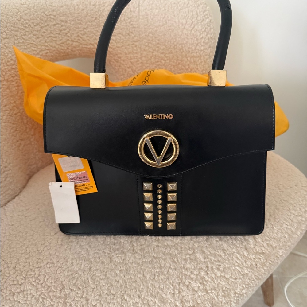 Valentino by Mario Valentino Black Leather Top-Handle Satchel with Gold Hardware